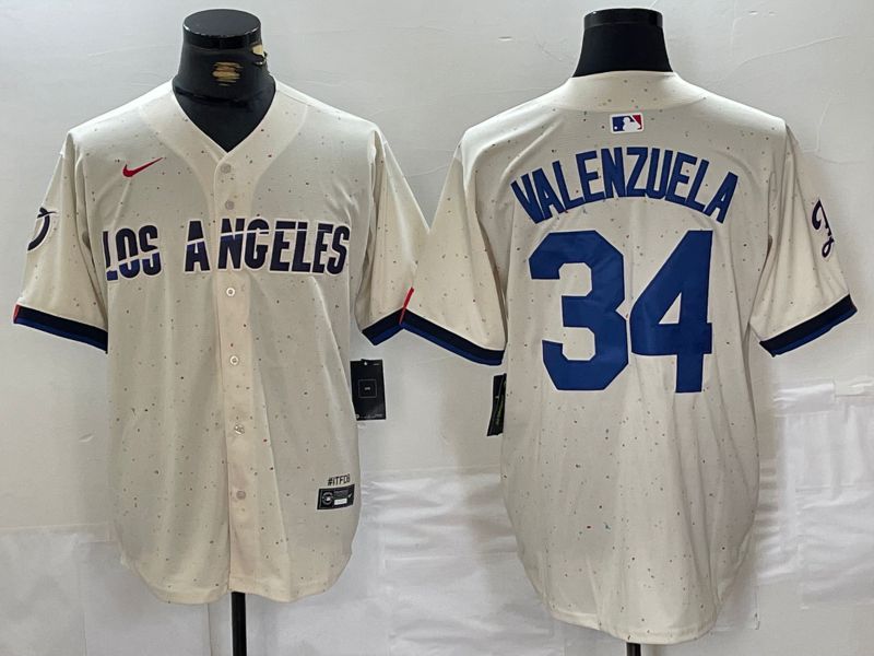 Men Los Angeles Dodgers #34 Valenzuela Cream Fashion Nike Game MLB Jersey style 1